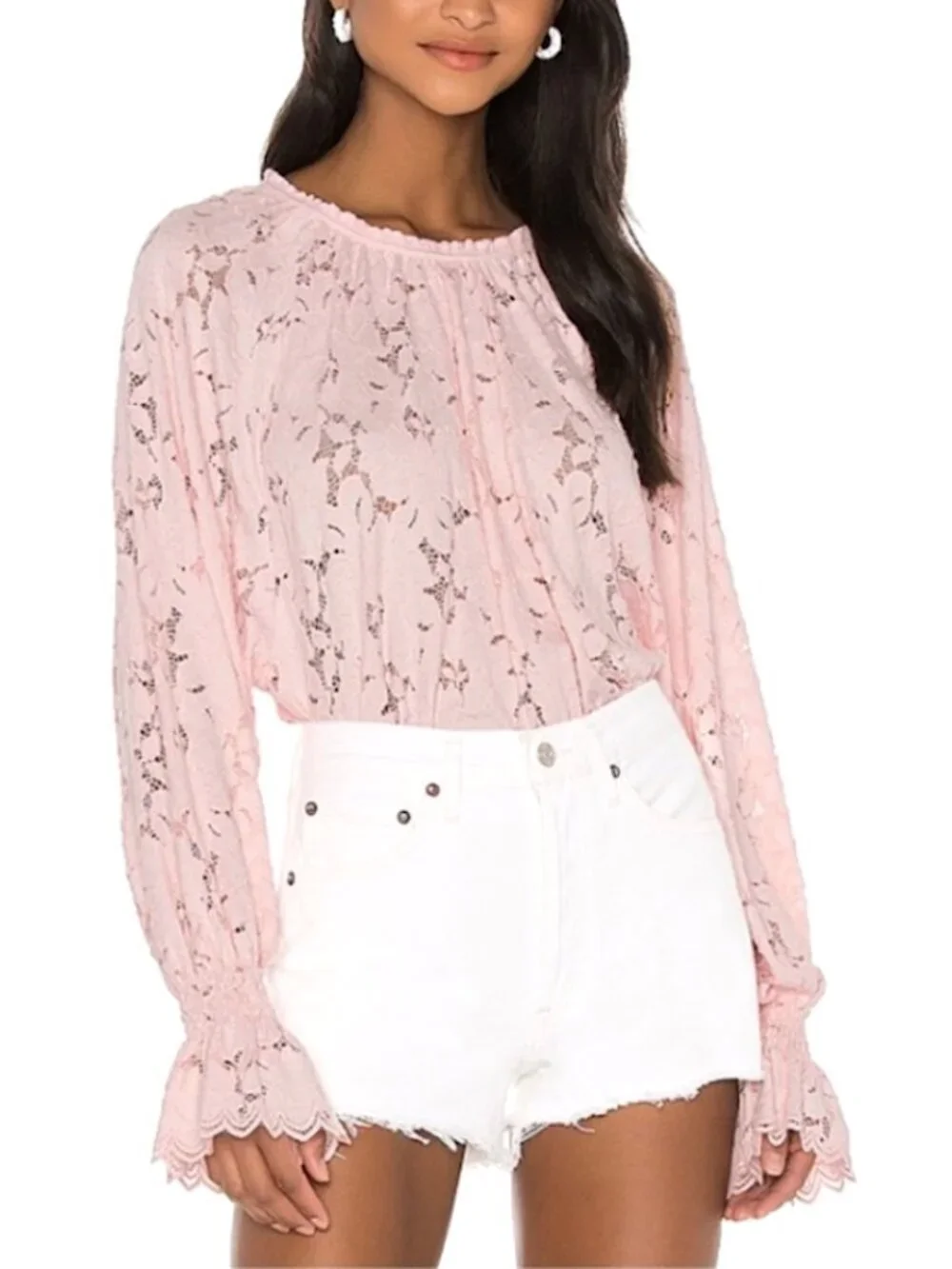 FREE PEOPLE Olivia Lace Top w/Dolman Balloon Poet Sleeves Pink Blush